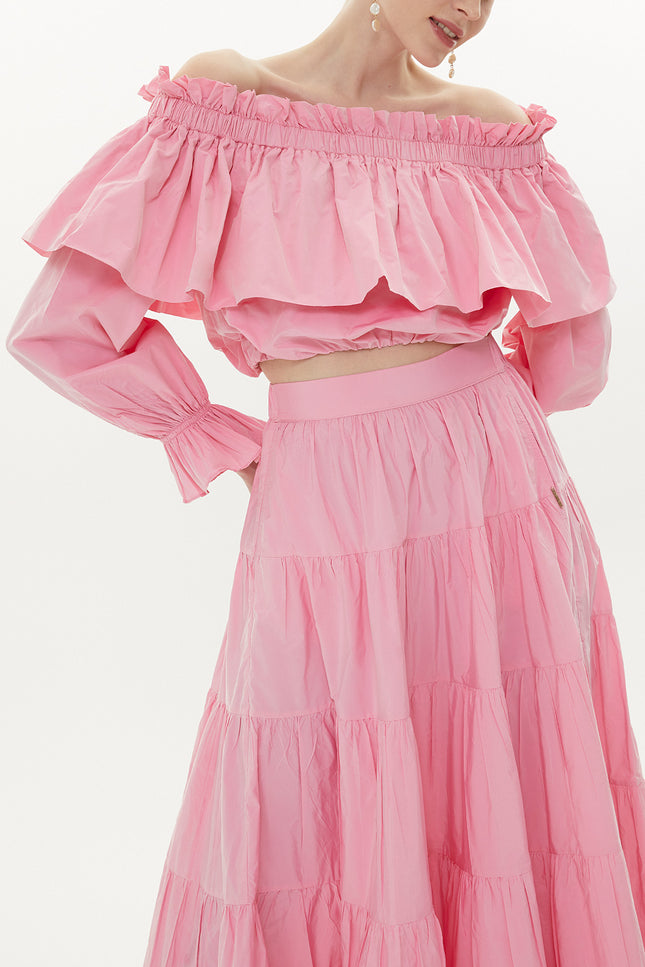 Light Pink Shoulder  elastic  balloon sleeve  crop blouse   19821