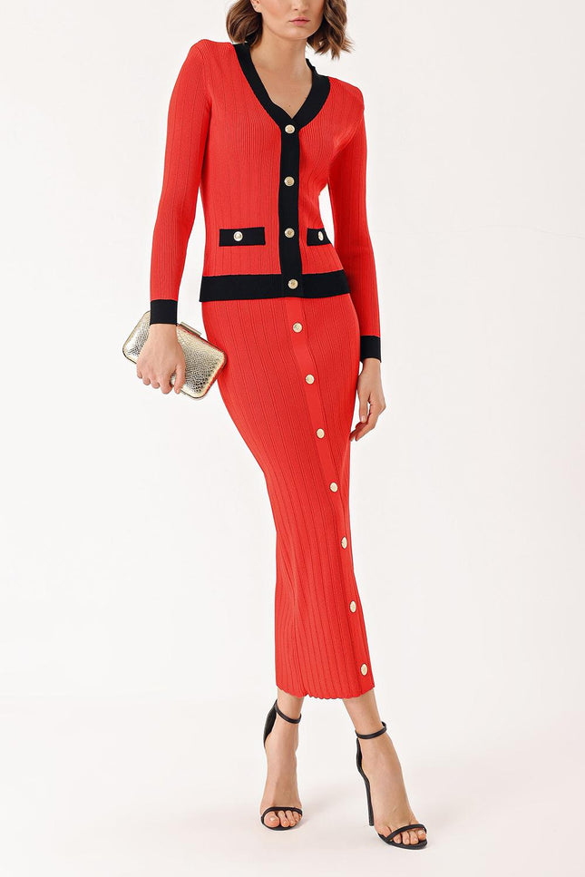 Red Black Button detailed cardigan and skirt suit 28850