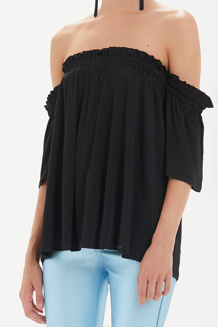 Black Elastic  off shoulder  woven  blouse  19702