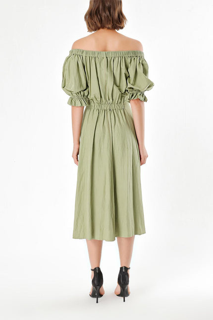 Green Off shoulder  elastic  linen dress  93569