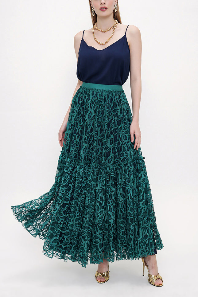 Green Elastic waist Pleated skirt 81202