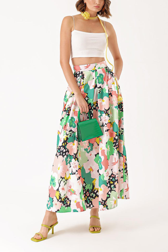 Patterned Zippered waist pleated patterned skirt 81265