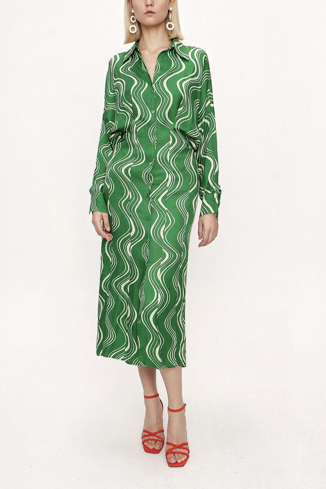 Yeşil Yarasa Kollu Gömlek Elbise 94060