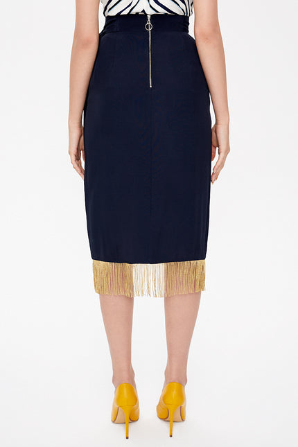 Navy Blue Wrap-over tassel skirt  81071