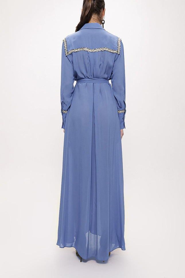 Mavi Şerit Aksesuarlı Kemerli Uzun Gömlek Elbise 94153