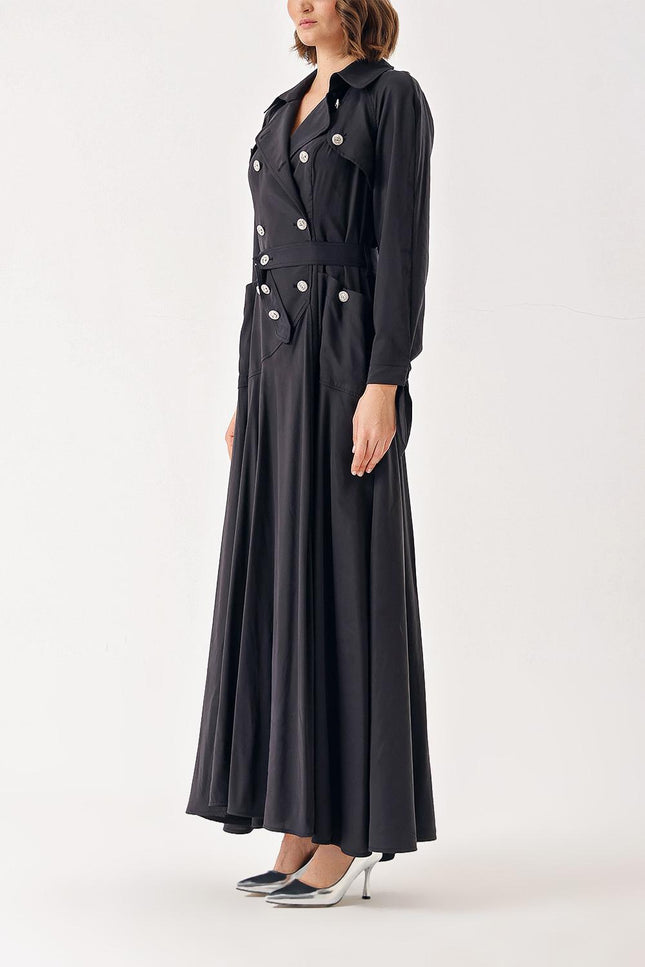 Black Long trench dress with crystal button detail 94400