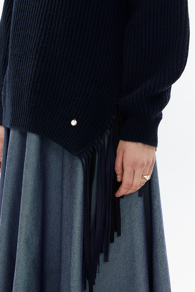 Navy Blue Turtleneck detail knit sweater with tassels 19816