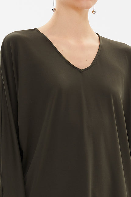 Khaki V-neck  wide cut blouse  19784