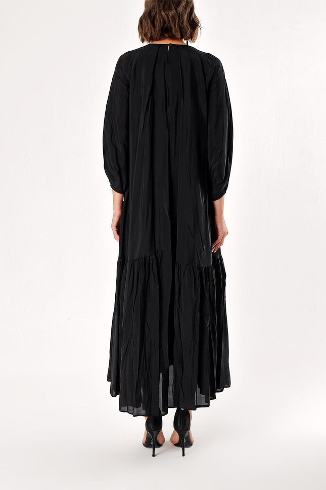 Siyah Büzgülü bol kesim uzun elbise 94288