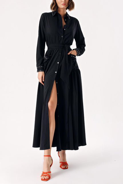 Black Long ruffled shirt dress with metal accessory detail 94114