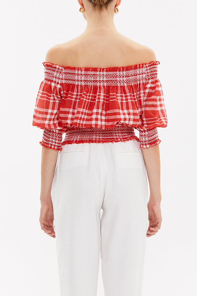 Red Elastic short sleeve blouse  19803