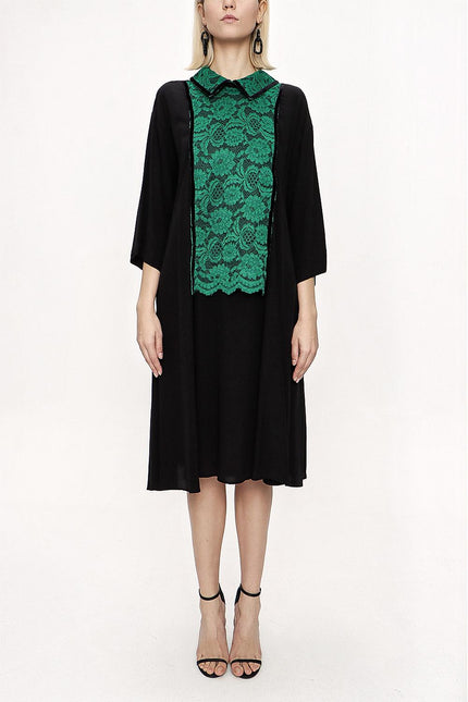 Siyah Yeşil Dantel Detaylı Bol Kesim Elbise 94120