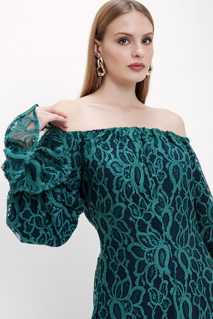 Green Off-shoulder lace dress 93803
