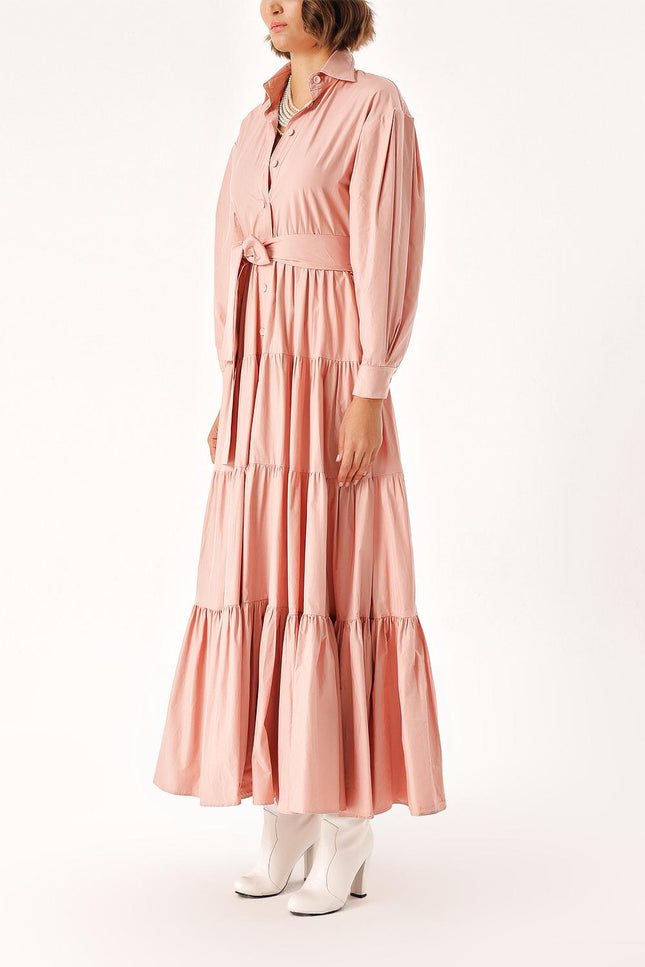 Salmon Long pleated dress with belt 94332