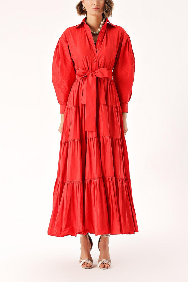 Red Long pleated dress with belt 94332