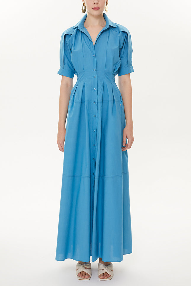 Blue Pleated sleeve and waist dress  93369