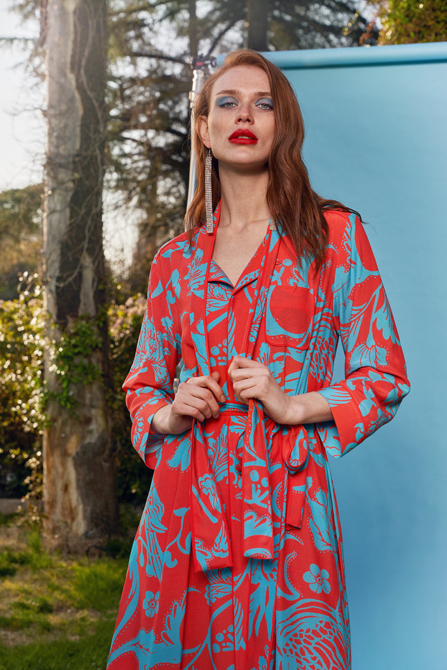 Red Patterned Binding shirt  dress  93529