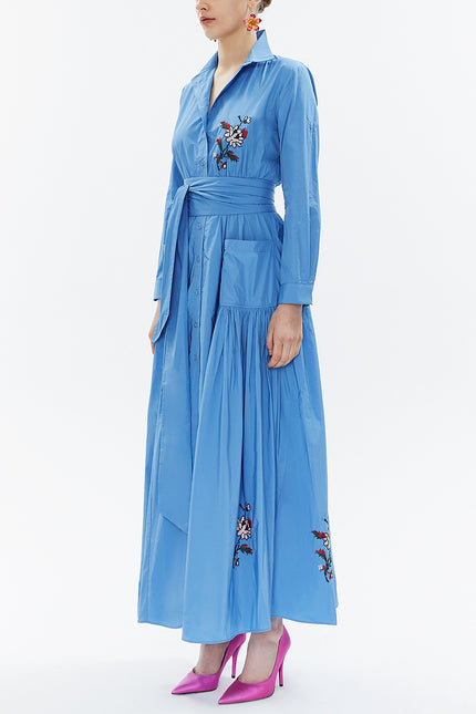 Blue Taffeta embroidered maxi dress 93342