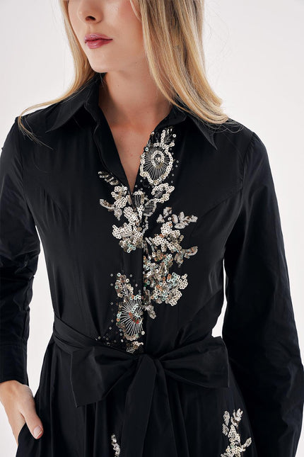 Black Sequin embroidery detail and flounce with long shirt dress 94500