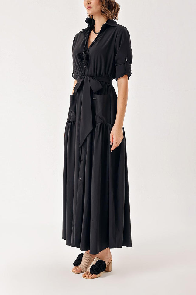 Black Pleated long shirt dress 94388