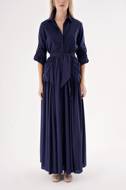 Navy Blue Taffeta maxi shirt dress 94498