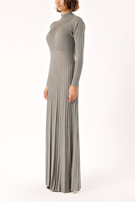 Gray High collar pleated skirt long knitwear dress 28848