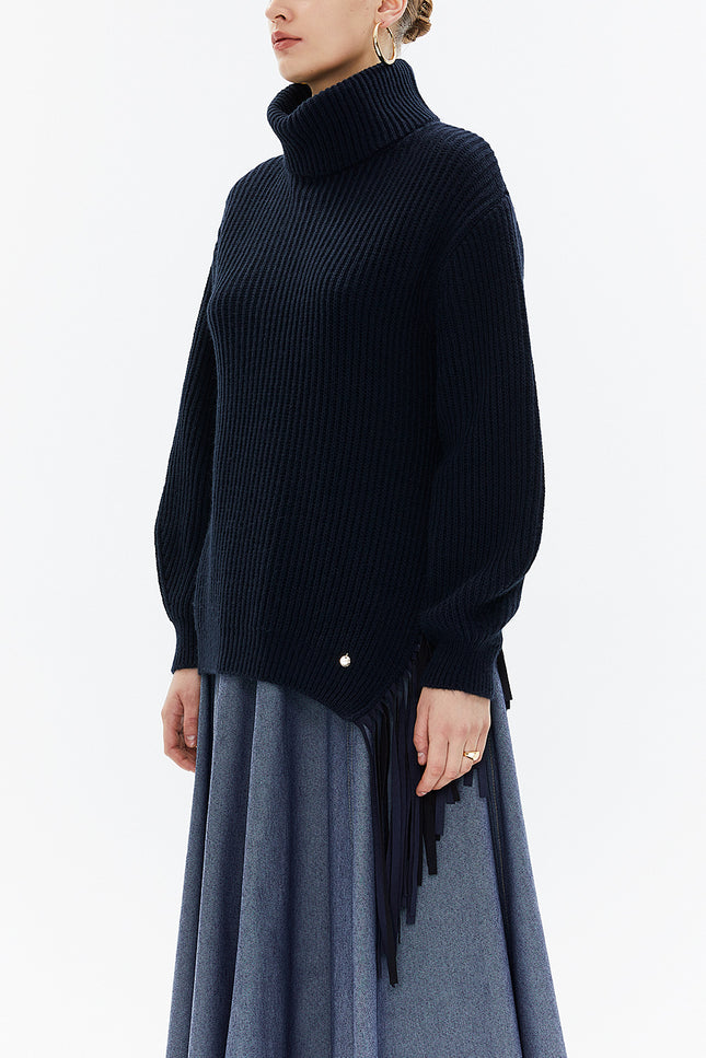Navy Blue Turtleneck detail knit sweater with tassels 19816