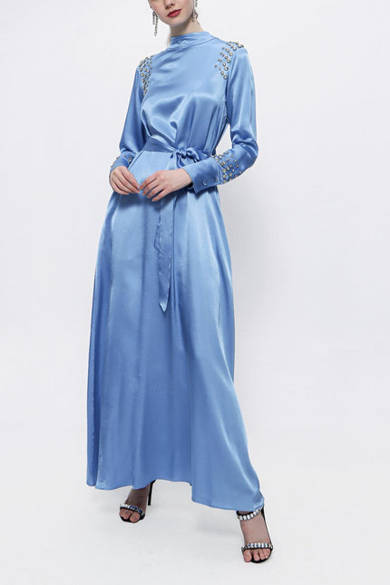 Mavi Kristal Taş Detaylı Uzun Elbise 94157