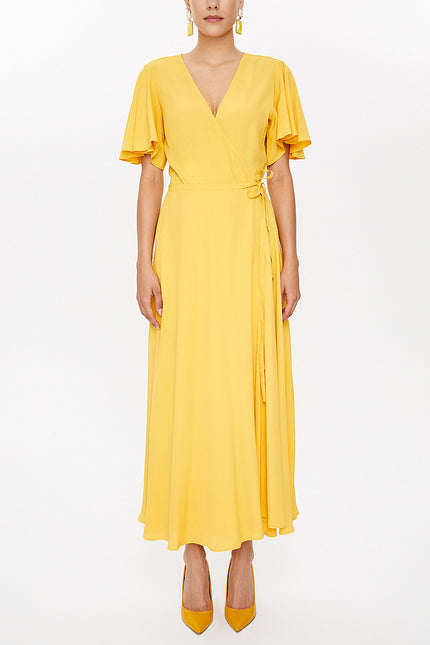Yellow V-neck wrap-over maxi dress 93207