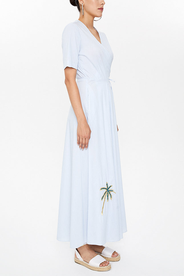 Blue Wrap-over tie embroidered maxi dress 92901