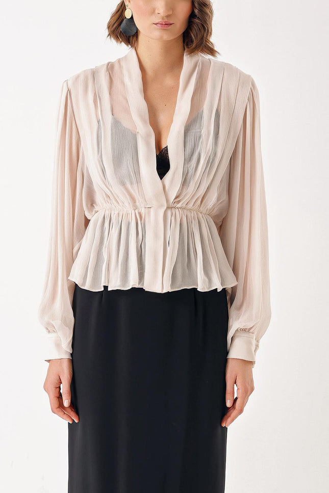 Beige Double-breasted, draped loose chiffon shirt 10829