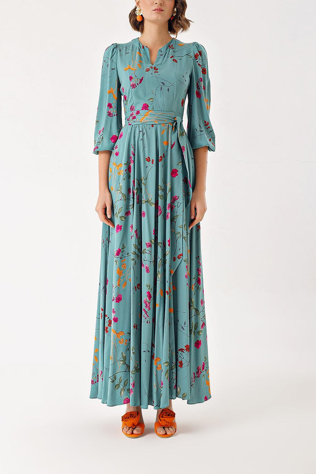 Floral Printed Long dress with godel and belt 94408