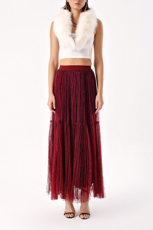 Burgundy Elastic waist pleated long tulle skirt 81235