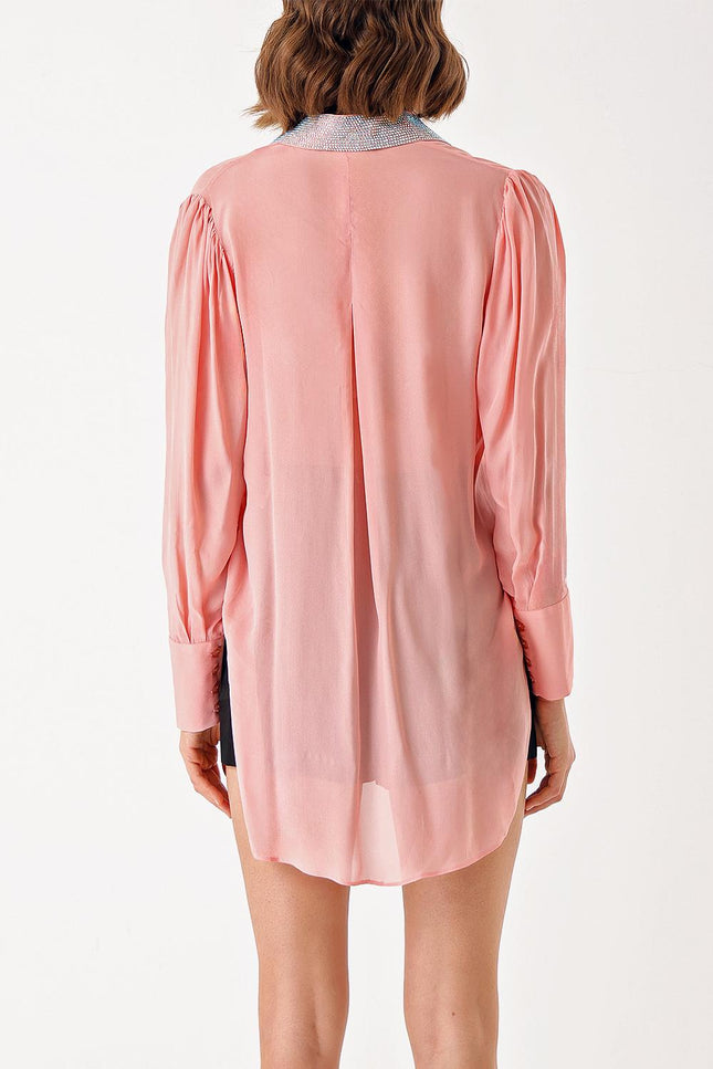 Pink Loose-cut collared shirt with crystal stone detail 10838