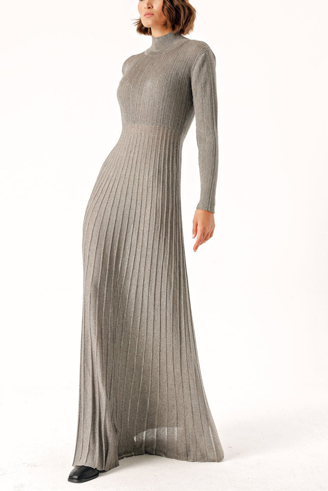 Gray High collar pleated skirt long knitwear dress 28848