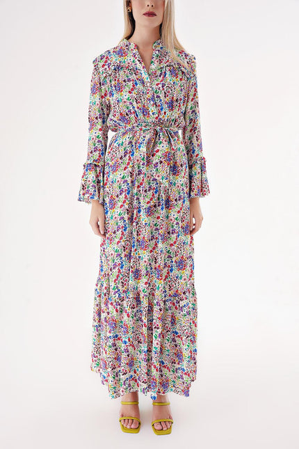 Floral Printed Long dress with elasticated gathers at the waist 94541