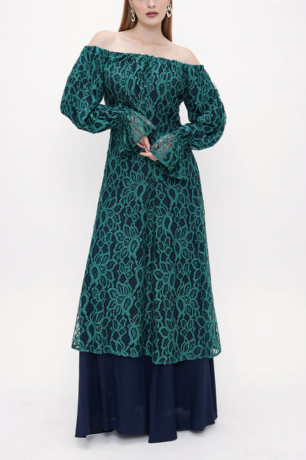 Green Off-shoulder lace dress 93803