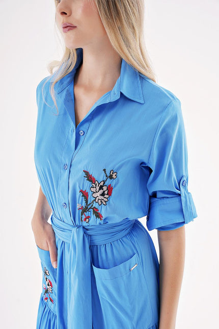 Blue Taffeta embroidered maxi shirt dress 94497