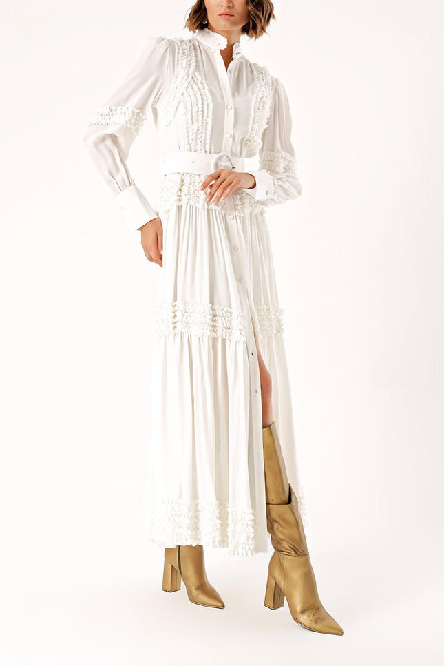 White Fırfır detaylı dik yaka uzun elbise 94150