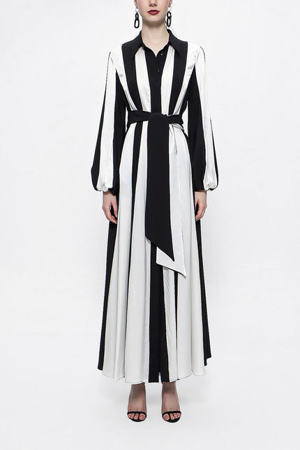 Siyah Beyaz Kontrast Kumaş Kombinli Uzun Gömlek Elbise 94169