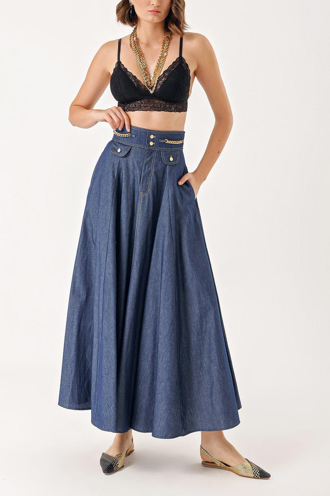 Navy Blue Midi denim skirt with chain detail 81283