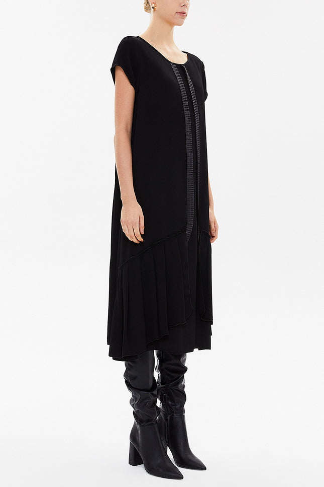 Black Wide cut  short sleeve midi dress  92285