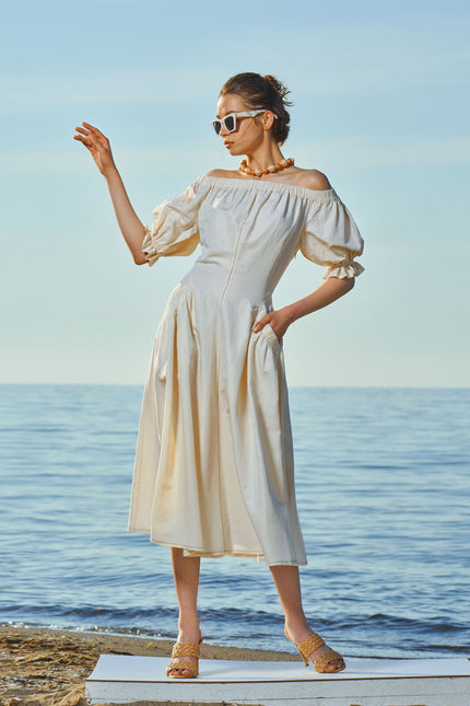 Ecru Off shoulder  elastic  linen dress  93569