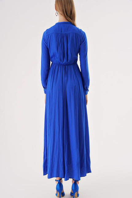 Blue Tie-neck long dress 94525