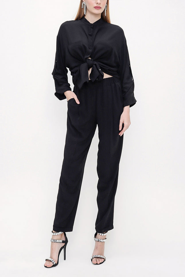 Black Elastic waist wide cut pants 41608