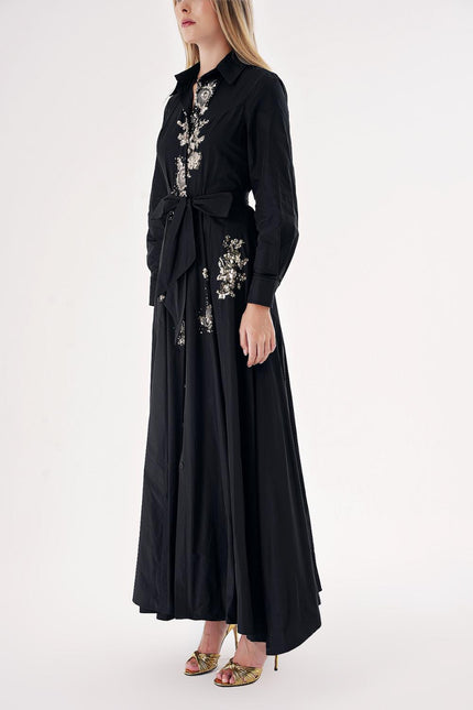 Black Sequin embroidery detail and flounce with long shirt dress 94500