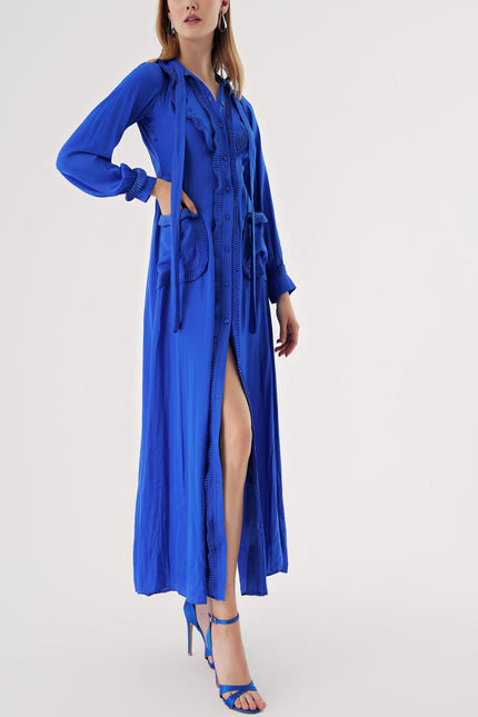 Blue Tie-neck long dress 94525