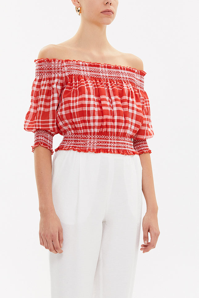 Red Elastic short sleeve blouse  19803