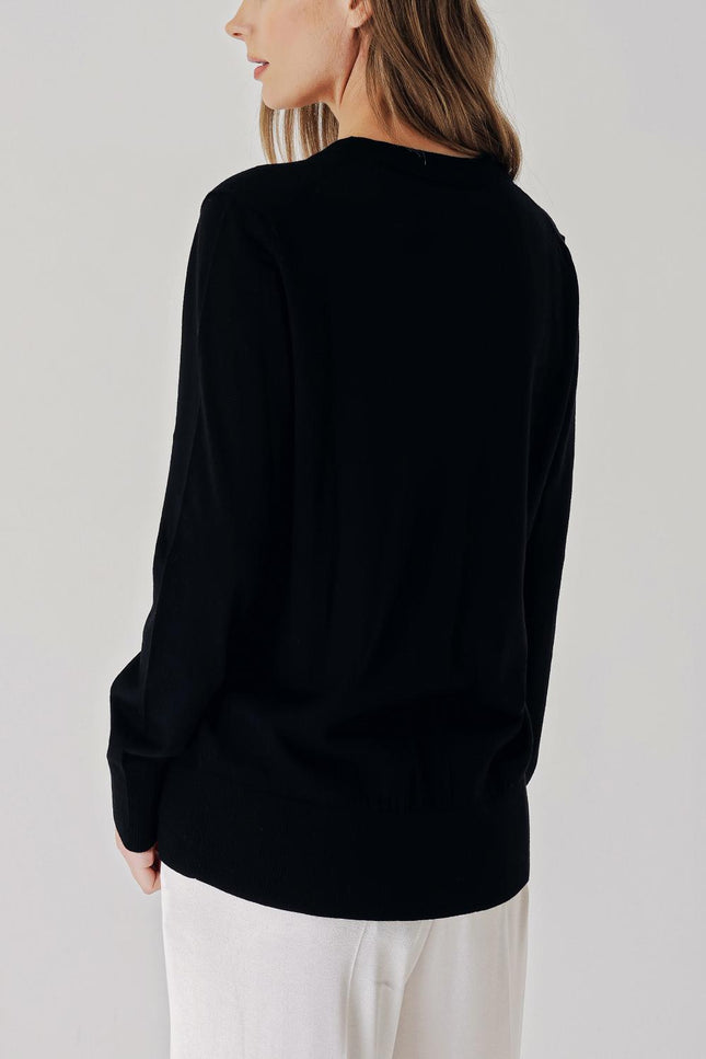 Black V-neck woolen long knit cardigan 28867