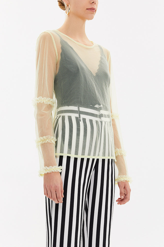 Beige Pleated sleeve tulle blouse  19657